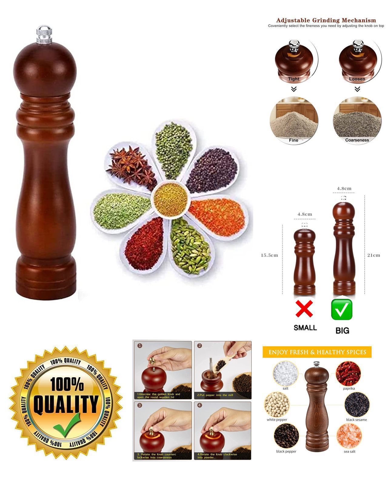 WOODEN MANUALLY SALT~PEPPER & SPICES GRINDER